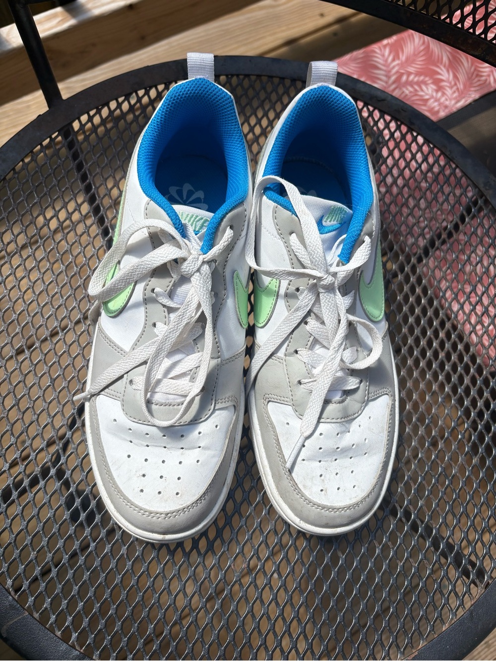 Nike Kids White Sneakers with Green Swoosh and Blue Lining
